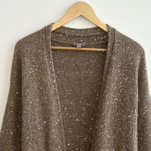 J. Jill Womens Small Brown Wool Open Cardigan Sweater Pockets Sequin Sparkle - Picture 2 of 9